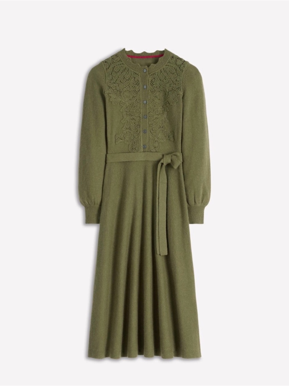 Boden Olive Knit Long-Sleeve Midi Dress with Tie Waist - Picture 2 of 5